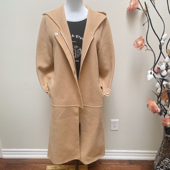 New 100%  Wool Camel Hooded Long Coat - Picture 1 of 7